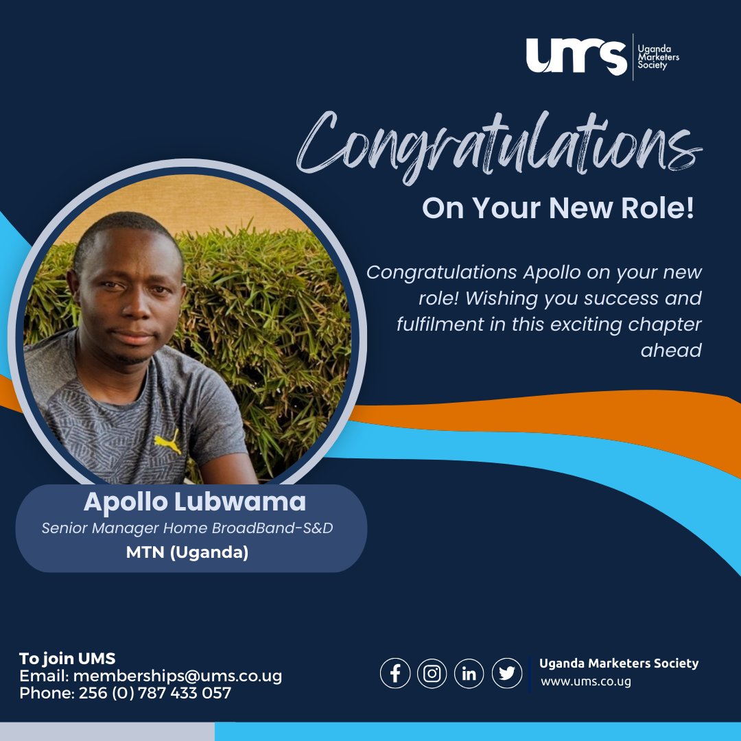 Congratulations to UMS Member Apollo Lubwama on his recent appointment as Senior Manager, Home and Broadband - S&D for @mtnug Wishing you success and fulfilment in this exciting new chapter #marketingleadership