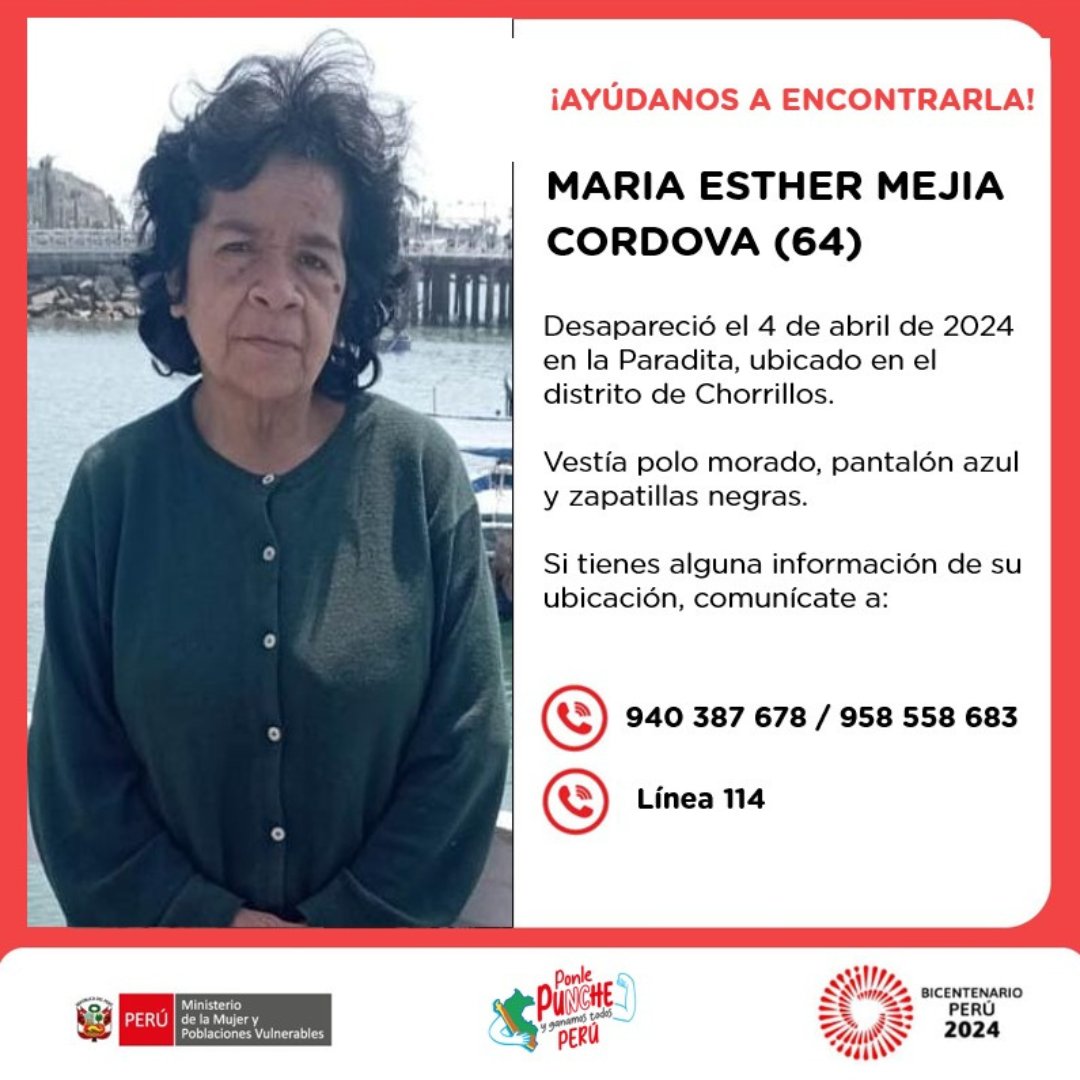🚨 ¡Ayúdanos a encontrarla! Maria Esther Mejia Cordova tiene 64 años, desapareció el 4 de abril de 2024 en la Paradita, ubicado en el distrito de Chorrillos. Vestía polo morado, pantalón azul y zapatillas negras. Si tienes alguna información de su ubicación, llama gratis a los…