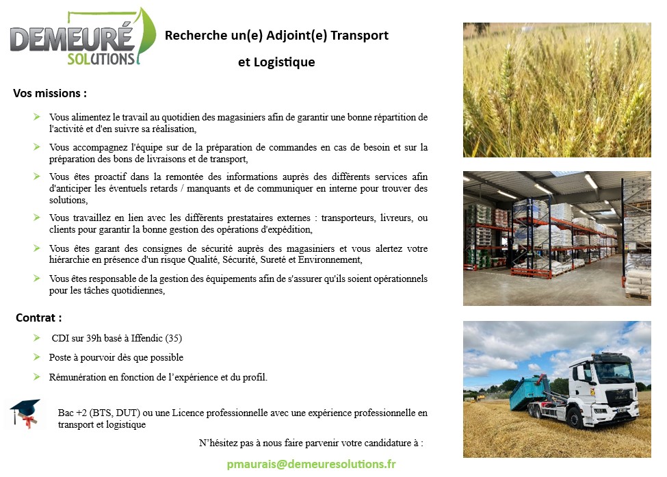 DEMEURE Solutions (@demeuresolution) on Twitter photo DEMEURE Solutions recherche un(e) adjoint(e) transport et logistique en CDI (39h) sur Iffendic (35).
Le secteur agricole suscite votre attention ?
Ce poste vous intéresse, envoyez votre candidature au service RH à pmaurais@demeuresolutions.fr DEMEURE Solutions recherche un(e) adjoint(e) transport et logistique en CDI (39h) sur Iffendic (35).
Le secteur agricole suscite votre attention ?
Ce poste vous intéresse, envoyez votre candidature au service RH à pmaurais@demeuresolutions.fr
