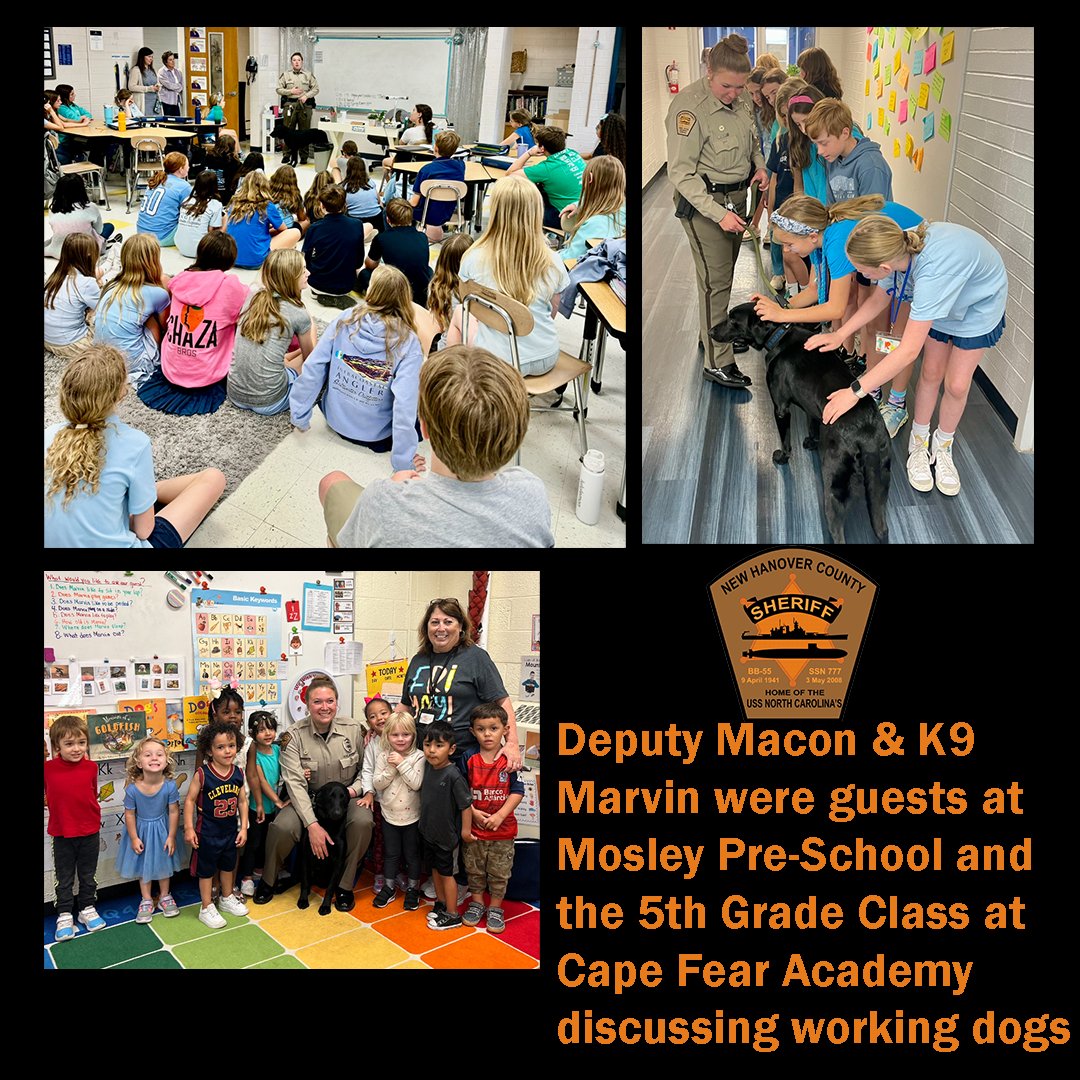 Deputy Macon and K9 Marvin had a pawsome week spreading knowledge about working dogs in our community! They wagged their way into Mosley Pre-K and Cape Fear Academy 5th grade classes, sharing insights and woofs about their special role. 💙🐶 #NHSO #NHSOSRO #NHSOK9