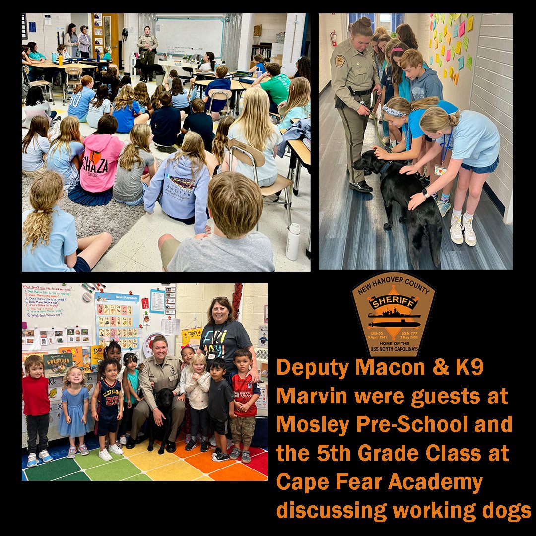 NewHanoverSO's tweet photo. Deputy Macon and K9 Marvin had a pawsome week spreading knowledge about working dogs in our community! They wagged their way into Mosley Pre-K and Cape Fear Academy 5th grade classes, sharing insights and woofs about their special role. 💙🐶
#NHSO #NHSOSRO #NHSOK9 https://t.co/fLZKanHSPf