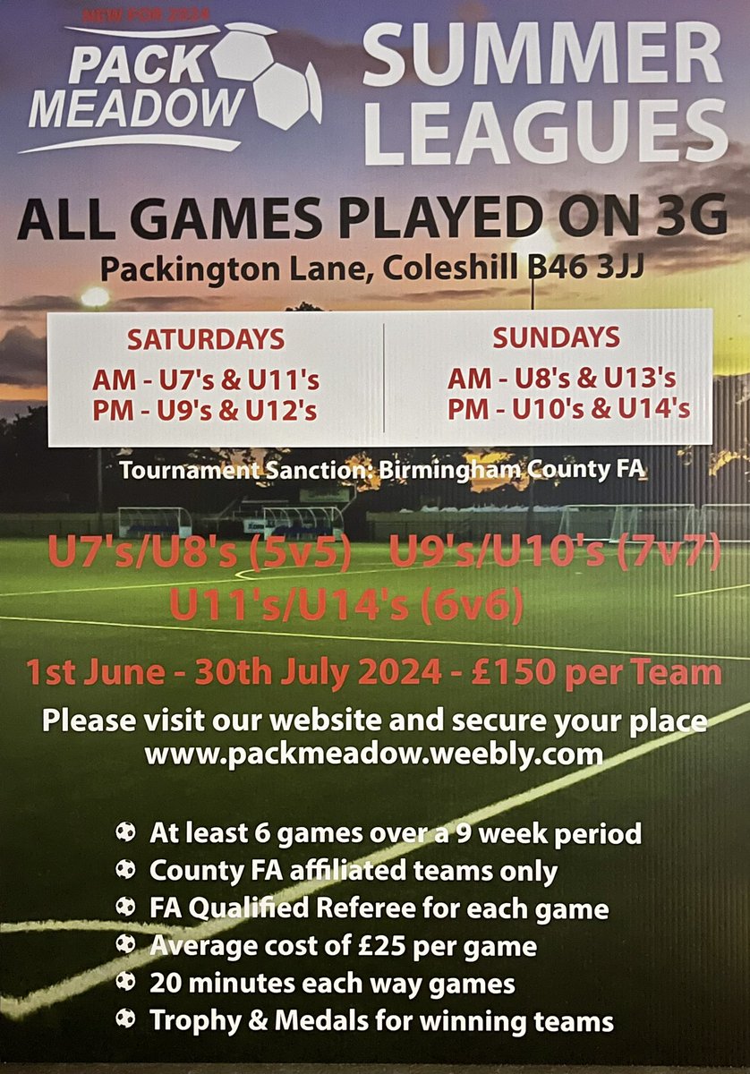 PackMeadow's tweet image. Youth Summer League at Pack Meadow. Visit packmeadow.weebly.com &amp;amp; click ‘Register’ for full info. @coleshilltownfc @AfcChelmsley @ColeshillTownSC @ColeshillColts @boldmereyouth
