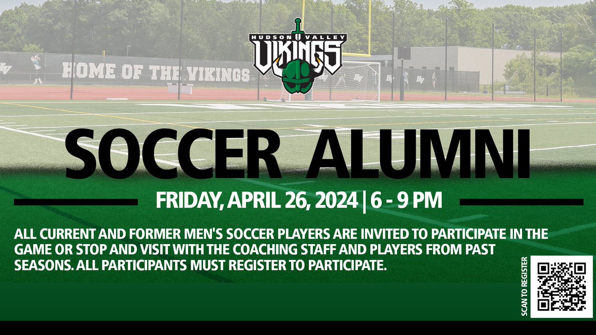 Attention HVCC Men's Soccer Alumni! Coach Tomson and the men's soccer program invites all men's soccer alumni to participate in the second annual alumni game on Friday, April 26th from 6-9 p.m. Scan QR code to register! #GoVikings