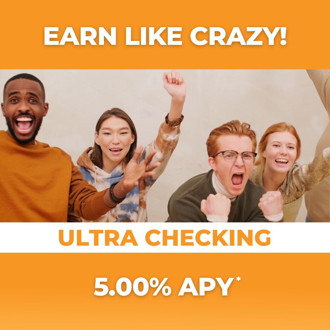 WeFLFinancial's tweet image. Earn like crazy with our 5.00% APY* Ultra Checking Account! 🤑 
.
#UltraChecking #InterestChecking #CheckingAccount #CrazyEarnings #GrowYourMoney #CreditUnion #WeFloridaFinancial