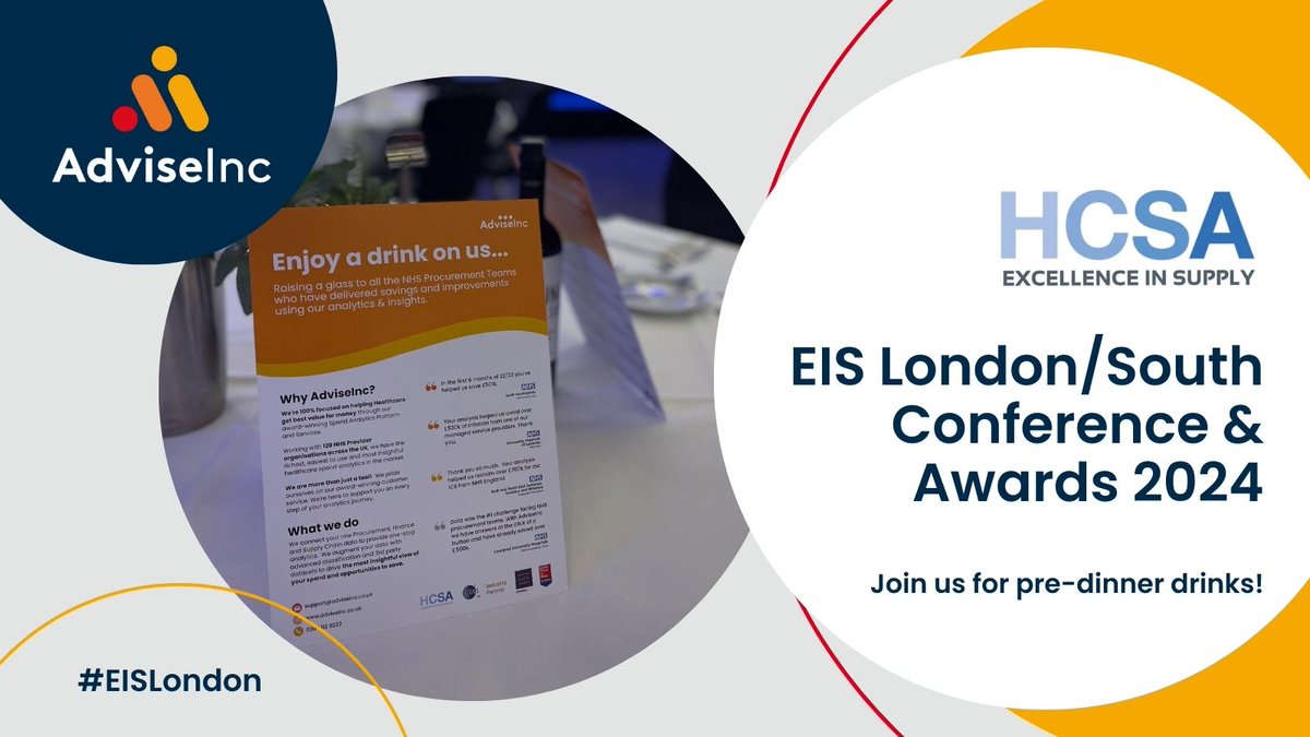 🗓️We can’t wait for the@HCSAprocurement #EISLondon Conference & Awards 2024 this Thursday! Have a pre-dinner drink on us at the drinks reception before the awards 🏆Plus we’ll be giving an update on all things AdviseInc on Friday. bit.ly/4cWoljQ