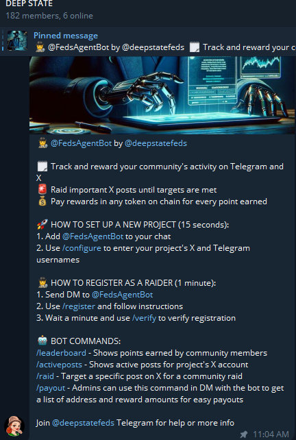 deepstatefeds's tweet photo. ๐ It takes 15 seconds to set up the #FedsAgentBot in your Telegram chat
๐๏ธ It will begin tracking your project's socials for activity from users who register
๐ฐ Outputs a list of addresses and reward amounts that can be pasted into multi-sender for easy rewards
๐คฏ It's FREE https://t.co/45B2AePX6U