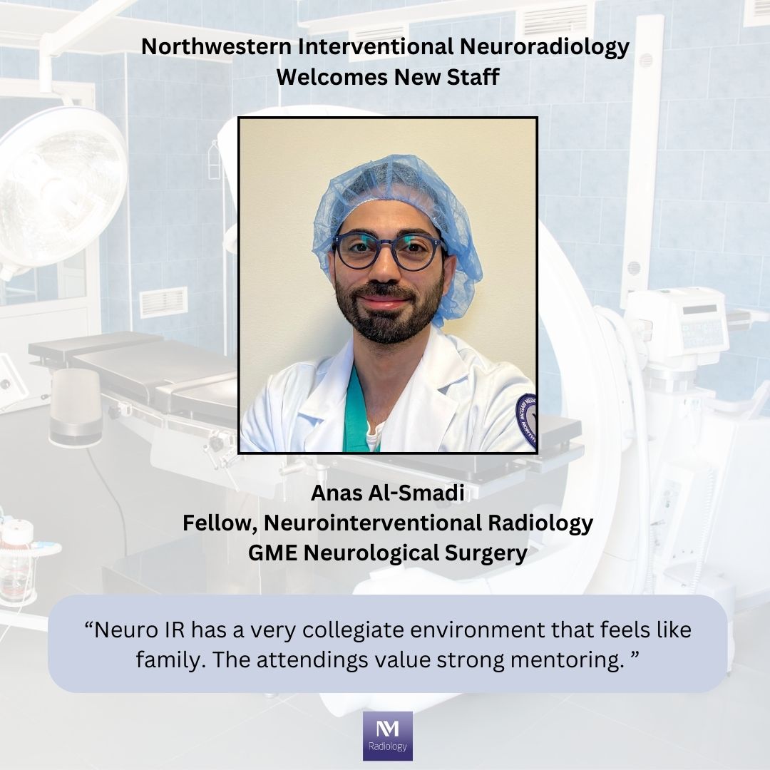 NURadiology's tweet photo. April feature: Northwestern's Interventional Neuroradiology section and their excellent staff. Anas started in the section recently and enjoys the supportive work environment. @McGawGME @NUFeinbergMed @NorthwesternMed #interventionalneuroradiology #interventionalradiology https://t.co/wdcspLlXEI