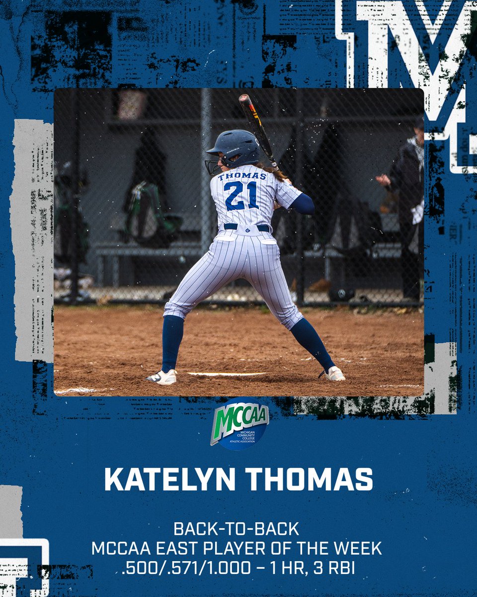 𝐁𝐚𝐜𝐤-𝟐-𝐁𝐚𝐜𝐤 🎶🥎 @MacombSoftball sophomore infielder Katelyn Thomas has won MCCAA East Player of the Week for the second time in as many weeks! Katelyn earned the honor by slashing .500/.571/1.000 with a home run and three RBIs! Congrats, @katelyn02629914!