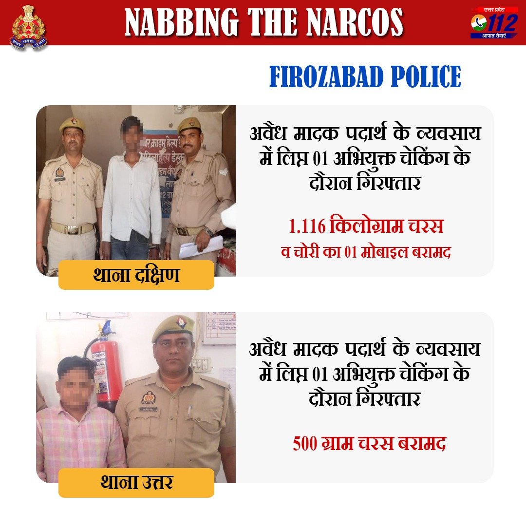 Zero Tolerance Against Narcotics Smuggling - अवैध मादक पदार्थ के व्यवसाय में लिप्त 02 अभियुक्तों को @firozabadpolice द्वारा गिरफ्तार करते हुए उनके कब्जे से 1.516 किलोग्राम अवैध चरस बरामद की गयी है। #UPPNabsNarcos #WellDoneCops