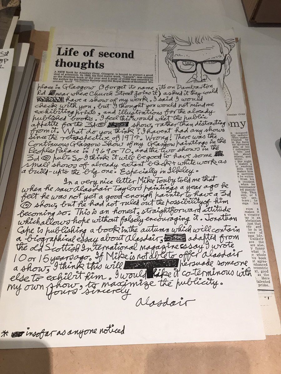 Visited the archive @CCA_Glasgow Great to see the correspondence with the then Third Eye Centre and #AlasdairGray on his Lanark book launch and exhibition in 1985 plus his perseverance yet failed attempts to get his show to tour beyond Glasgow…