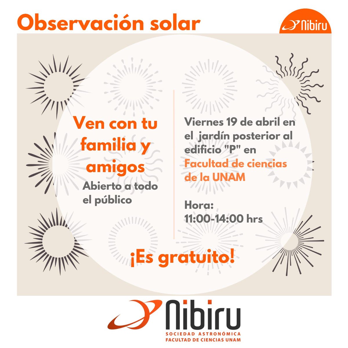 Te invitamos a la siguiente observación solar🔭☀️ que tendremos en frente del edificio P de la Facultad de Ciencias, UNAM.

Los esperamos el viernes 19 de abril de 11:00 - 14:00 ❗️❗️ 😁

#UNAM #science #FelizMartesATodos #mexico