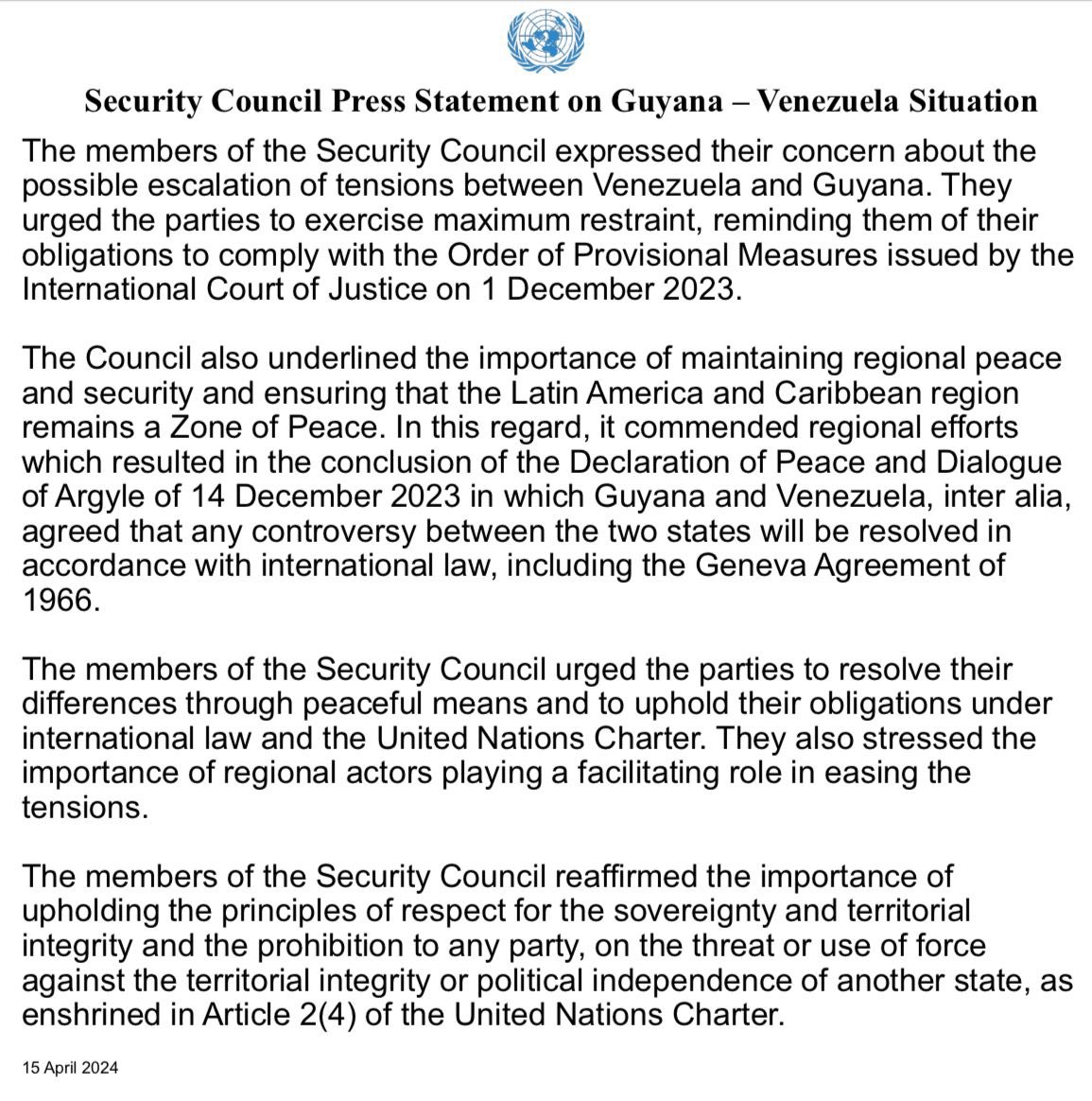 🇺🇳SC Press Statement #UNSC members express their concern about possible escalation of tensions between #Venezuela & #Guyana. They urged parties to exercise maximum restraint, reminding them of their obligations to comply w/ the Order of Provisional Measures issued by @CIJ_ICJ ⬇️