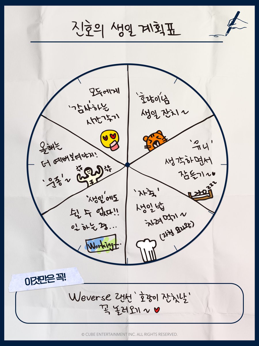 CUBE_PTG's tweet photo. [🎂] JINHO's BIRTHDAY PLAN 🗓

진호의 생일 계획표가 도착했습니다!
진호의 생일을 함께하는 순간을 해시태그와 함께 공유해 주세요 💝

#펜타곤 #PENTAGON
#진호 #JINHO
#진호랑_유니랑_추카포카 https://t.co/StczKR1QaJ