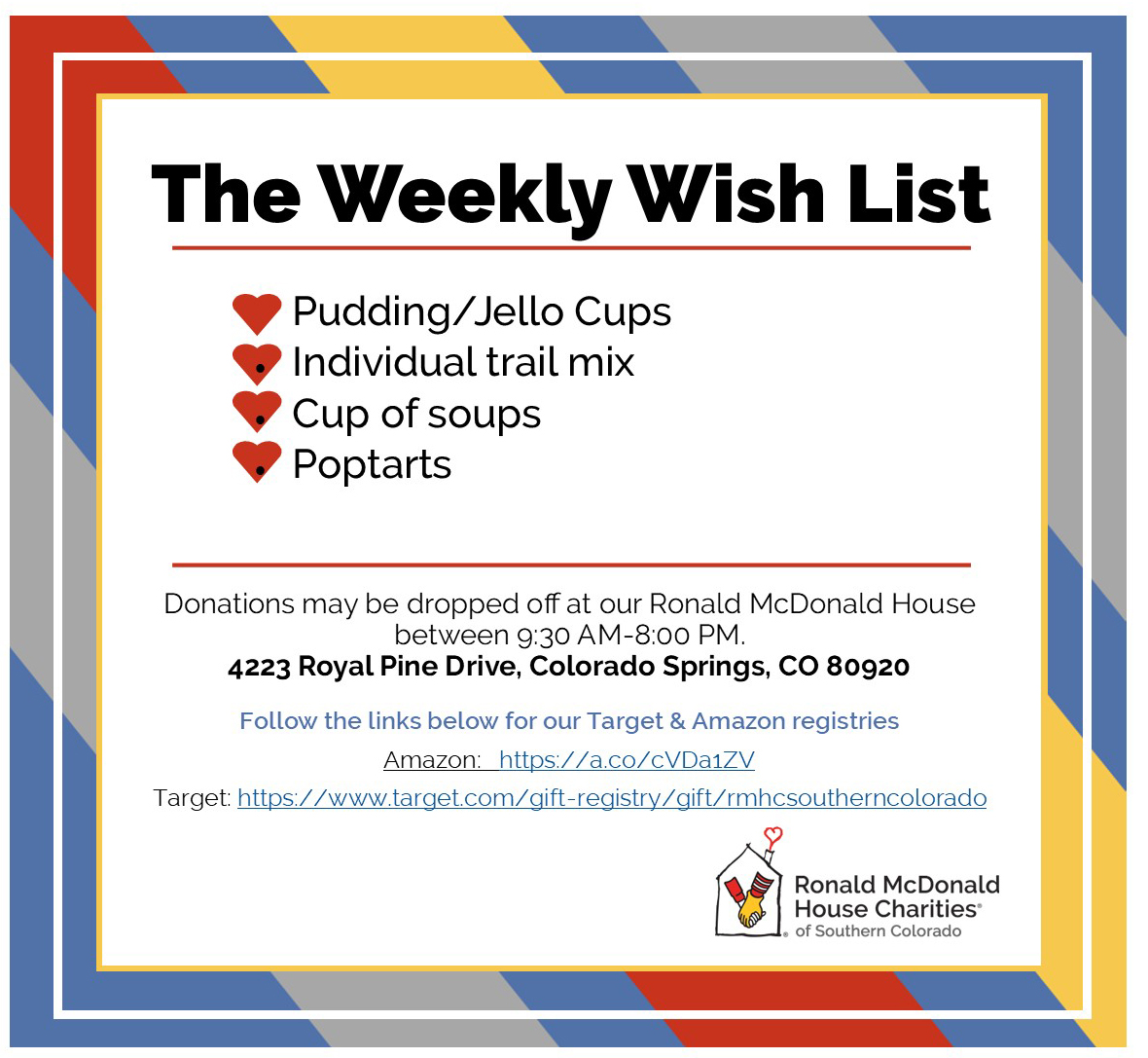 RonMcDHouseCS's tweet photo. Here are our greatest needs this week for use at the House and in the Family Room. Any way you choose to help is greatly appreciated! Thank you!
Amazon  https://t.co/yzcCD1alLV
Target  https://t.co/Dpe0pfcqlr https://t.co/pAlIitc3Dn