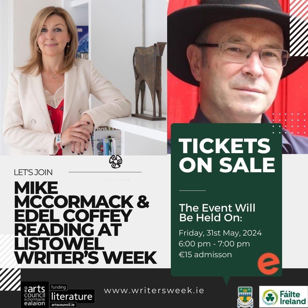 Listowel Writers' Week on Friday, May 31st at 6pm for an engaging session with Mike McCormack and Edel Coffey. Don't miss out on this literary journey! Get your tickets via Eventbrite today. #ArtsCouncilSupported #failteireland #kerrycountycouncil 

writersweek.ie/programme/