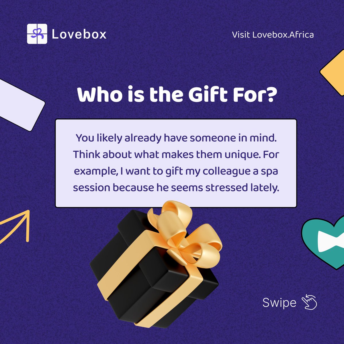 🤔 Who is the gift for? Consider their uniqueness. For example, a spa session for a stressed colleague. #ThoughtfulGifts #GiftGiving
