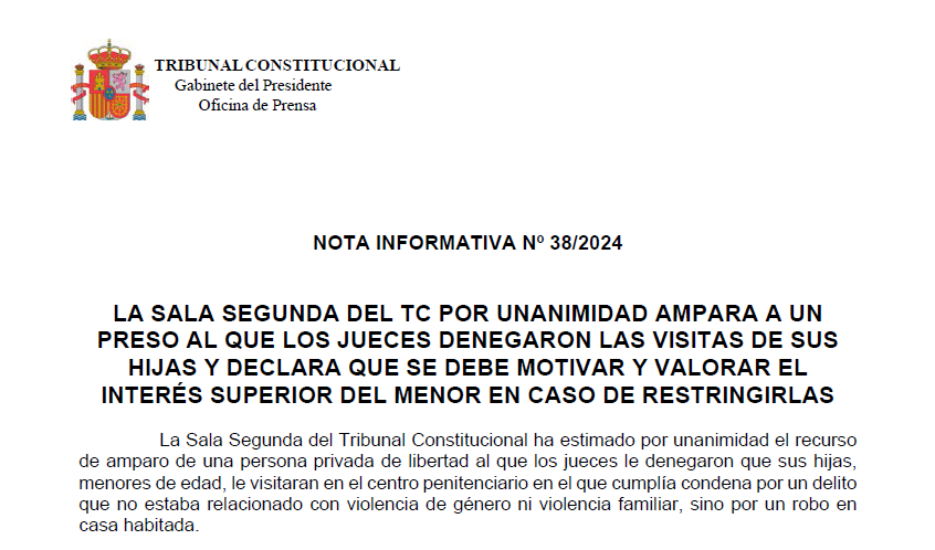 Nota de prensa | La Sala Segunda del TC por unanimidad ampara a un preso al que los jueces denegaron las visitas de sus hijas y declara que se debe motivar y valorar el interés superior del menor en caso de restringirlas tribunalconstitucional.es/NotasDePrensaD…