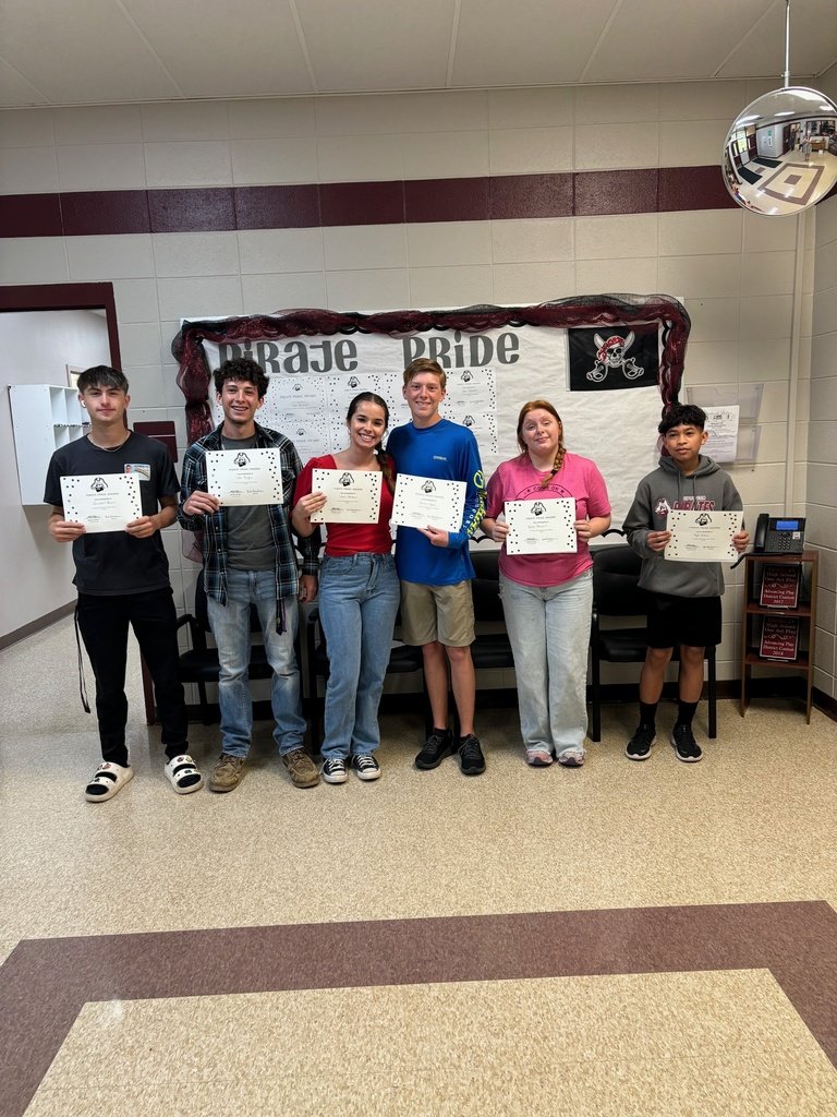 Congratulations to Kyle Abdul, Nevaeh Peterson, Landen Hooks, Citori Stakes, Landon Heim, and Cole Bigbie for receiving Pirate Pride awards! These students were nominated by their teachers for showing dedication. They will get to enjoy lunch at Elijah's Cafe.