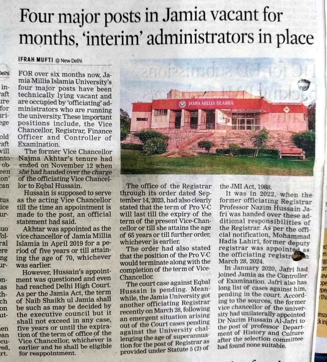 For over six months now,@jamiamillia_ four major posts have been lying vacant and are occupied by ‘officiating’ administrators. These important positions include, the Vice Chancellor, Registrar, Finance Officer and Controller of Examination. I report @santwana99 @Shahid_Faridi_