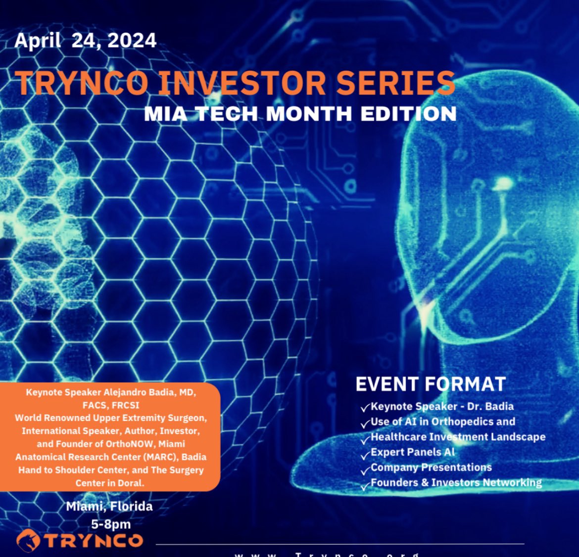 🎟️Last Chance to Grab Discounted Tickets at $25/- for the Miami Investor Event on April 24th, 5-7:30pm🎟️
#tech #miamitech #miamitechmonth #startups #vcs #investors #networking #ai #ArtificialInteligence #healthcare #technology 

Keynote Speaker Dr. Badia

eventbrite.com/e/trynco-inves…