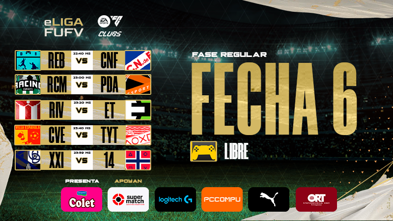 Asociación Uruguaya de Deportes Virtuales (@audvesports) on Twitter photo Esta noche FECHA 6⃣
🔴 EN VIVO continúa la Temporada 30 con #eLIGAFUFV presentada por COLET #EAFC24
📺 twitch.tv/audvtv
📺 twitch.tv/audvtv
🎙️ <a href="/JuanCruzNovales/">Juan Cruz Novales</a> <a href="/GamesCabeza/">Cabeza Games</a> <a href="/CapeFabri/">FabriCape</a>
<a href="/FcRebote/">De Rebote FC</a> 🆚 <a href="/EsportsNacional/">Nacional Esports</a>
<a href="/RacingeSports_/">Racing eSports</a> 🆚 <a href="/PDAesports/">PDA Esports</a> Esta noche FECHA 6⃣
🔴 EN VIVO continúa la Temporada 30 con #eLIGAFUFV presentada por COLET #EAFC24
📺 twitch.tv/audvtv
📺 twitch.tv/audvtv
🎙️ <a href="/JuanCruzNovales/">Juan Cruz Novales</a> <a href="/GamesCabeza/">Cabeza Games</a> <a href="/CapeFabri/">FabriCape</a>
<a href="/FcRebote/">De Rebote FC</a> 🆚 <a href="/EsportsNacional/">Nacional Esports</a>
<a href="/RacingeSports_/">Racing eSports</a> 🆚 <a href="/PDAesports/">PDA Esports</a>