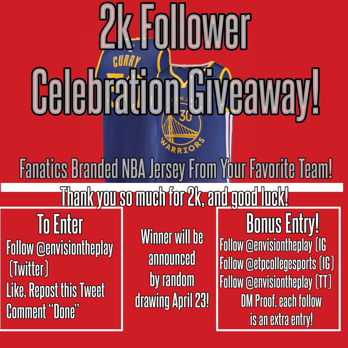 Thank you for 2k followers, we’re doing a giveaway! One lucky winner will get an NBA jersey of their choice! Giveaway is live for one week

1 entry: like, retweet, and comment done, must be following! 

+1 bonus entry for following us on Instagram and Tik Tok and dm us proof!