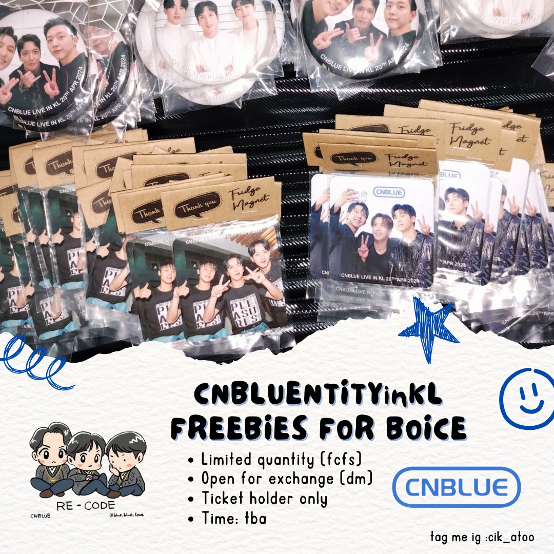 Hi Boice! 🩵💙
I'll be giving out freebies at CNBLUENTITY in Kuala Lumpur. See you!! 🤩😍

#CNBLUE #CNBLUENTITYinKL #CNBLUENTITYinMY #myboice #freebiesforboice