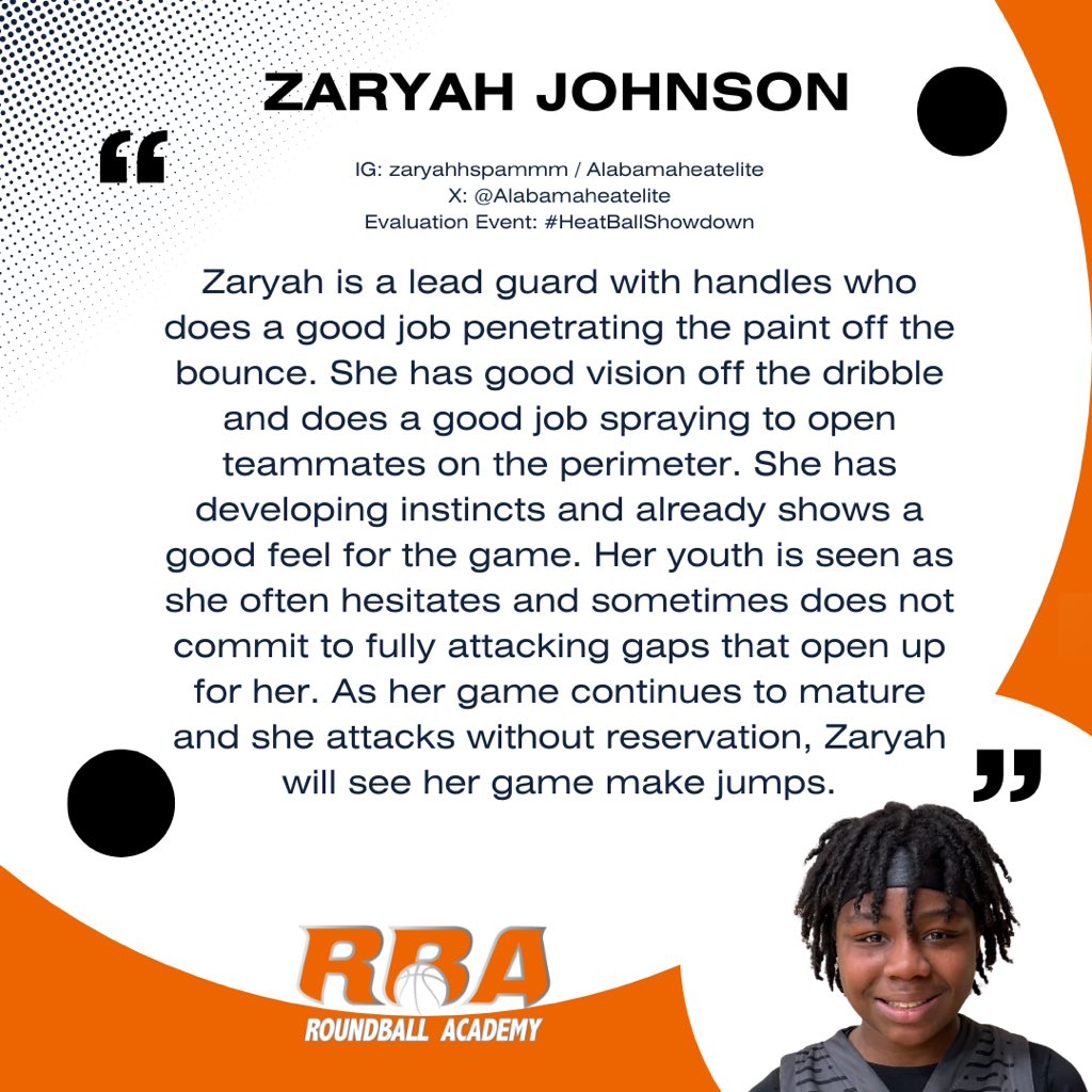 Zaryah Sharnae Johnson (5'3/PG/'27/Alabama Heat Elite) is a young prospect who is finding her game and making impacts.   
   
#RBANoticeables #RoundballAcademy #RBA #TerryDrakeBasketball #TerryTalks <a href="/essencegirlsbb/">Essence Girls Basketball</a> <a href="/CGBR27/">Dan Olson</a> @BAMAHeatElite