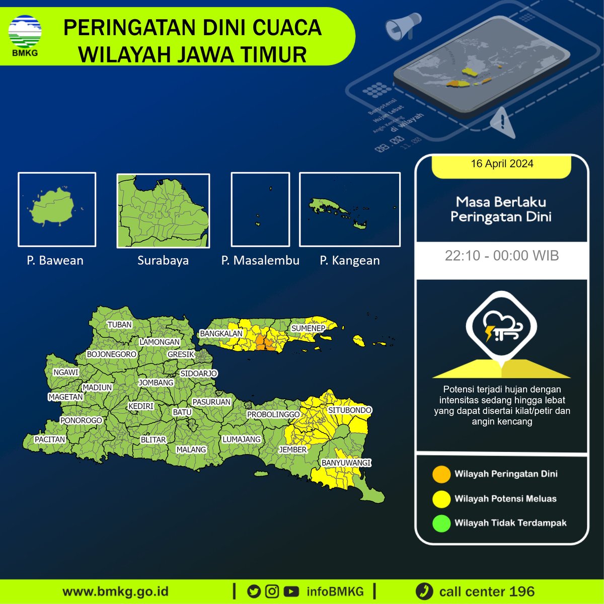 infoBMKG's tweet photo. Update Peringatan Dini Cuaca Wilayah - Jawa Timur Tgl. 16 April 2024 pkl. 22:10 WIB
Prakirawan - BMKG - Jawa Timur
https://t.co/yZjChYnx4C https://t.co/PAHSreEC73