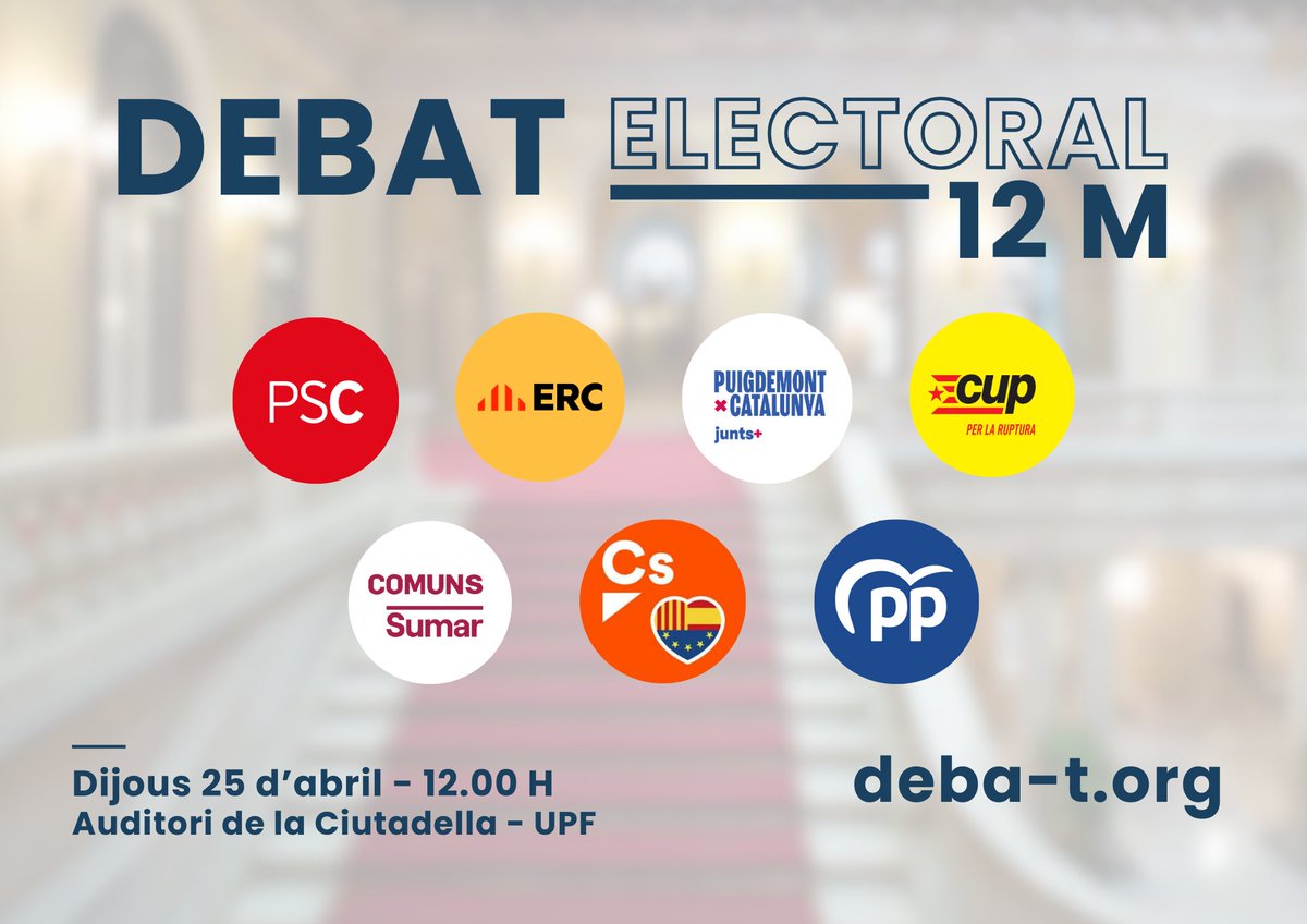 ‼️ DEBAT ELECTORAL A LA @UPFBarcelona ‼️

🗓️ 25 d'abril
🕛 12.00 H
📍 Auditori Campus Ciutadella UPF