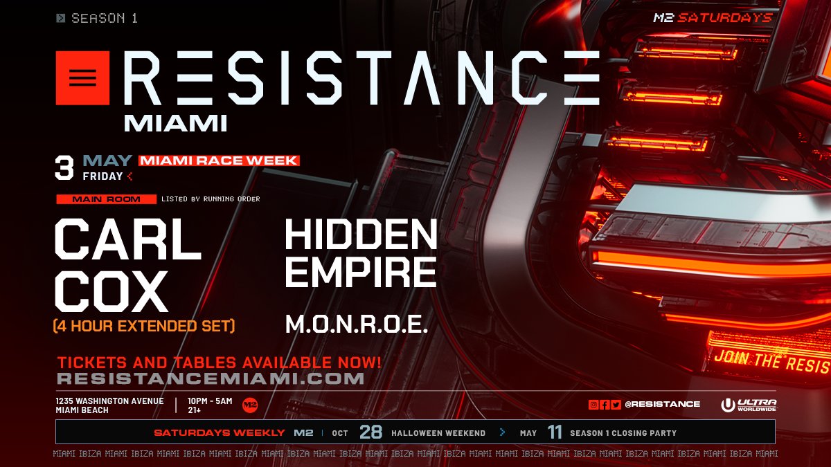 🏁 We’re counting down! RESISTANCE Miami Race Week kicks off on Fri, May 3 with a special 4-hour extended set from King @Carl_Cox at @M2_Miami_ along with @_HiddenEmpire_ and m.O.N.R.O.E. Grab your tickets now, don’t say we didn’t warn you. Tix ➡️ resistancemiami.com/tickets/may-3-…