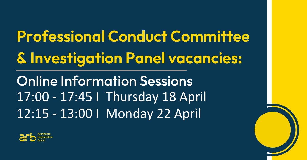 Architects Registration Board UK (@archreguk) on Twitter photo We are currently recruiting members for our Professional Conduct Committee and Investigation Panel. We will be holding online information sessions on Thursday, 18 April and Monday, 22 April. 
Register here for the Thursday session: us02web.zoom.us/meeting/regist… We are currently recruiting members for our Professional Conduct Committee and Investigation Panel. We will be holding online information sessions on Thursday, 18 April and Monday, 22 April. 
Register here for the Thursday session: us02web.zoom.us/meeting/regist…