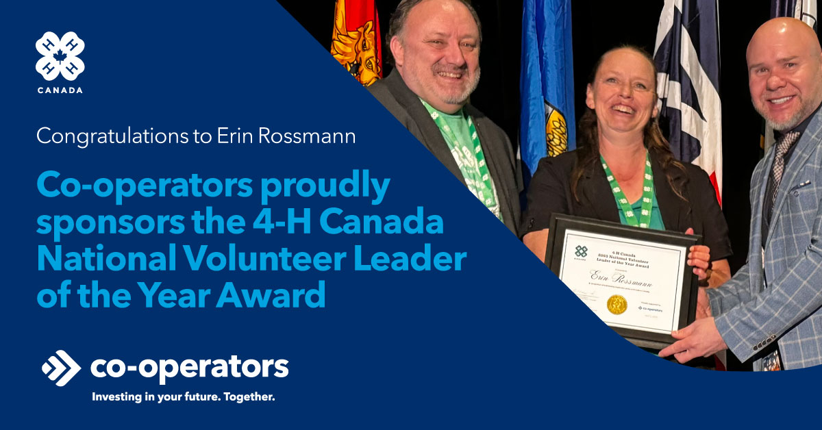 Co-operators congratulates Erin Rossmann of Quesnel & District #4H as @4HCanada’s 2023 National Volunteer Leader of the Year. Co-operators proudly sponsors this award, which embodies our deep commitment to #farmers since we were founded in 1945.