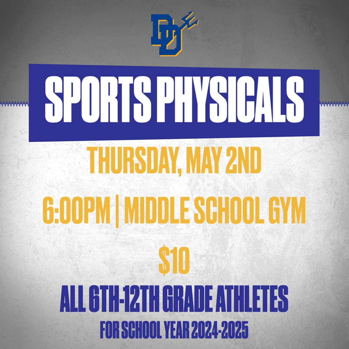 Mark your calendars. All student-athletes have to have a physical dated after May 1 in order to participate in sports for the 2024-2025 school year. We will NOT be hosting physicals during Back to School this year.