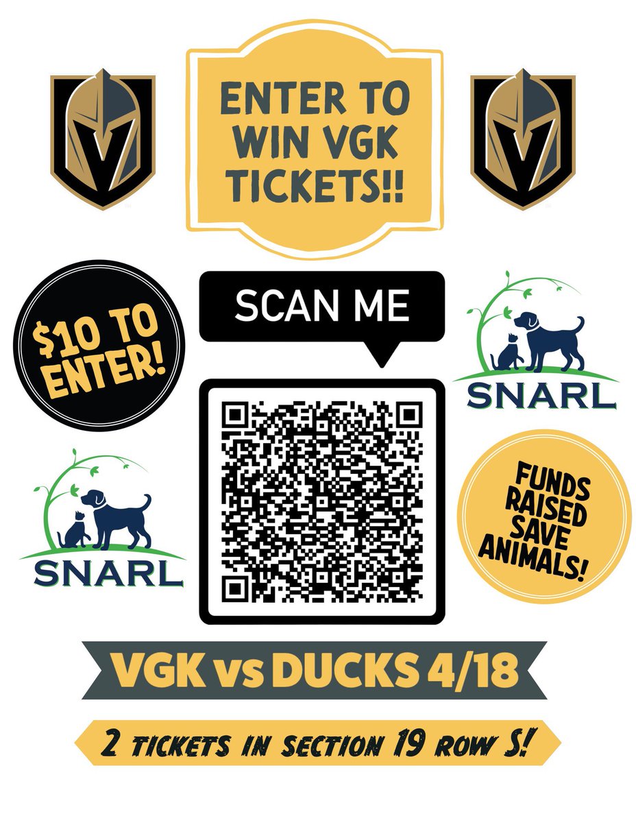 vanlouhou's tweet photo. Enter to win 2 tickets to this Thursdays VGK game! Last day to enter; all proceeds help local animal rescue SNARL! Tickets: https://t.co/VTtqSNz00p #vgk #lasvegas #KnightsArmy #knightsnation #VegasBorn https://t.co/GkHajE1Eih