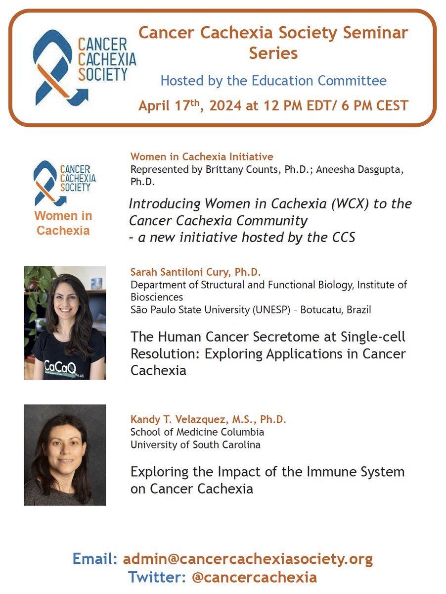The Education Committee of the @CancerCachexia Society reminds you to attend our 5th Trainee Talks series + Introduction of the 'Women in Cachexia' Initiative, tomorrow April 17th at 12 pm EDT!
Seminars are open to everyone! 
See cancercachexiasociety.org to pre-REGISTER.