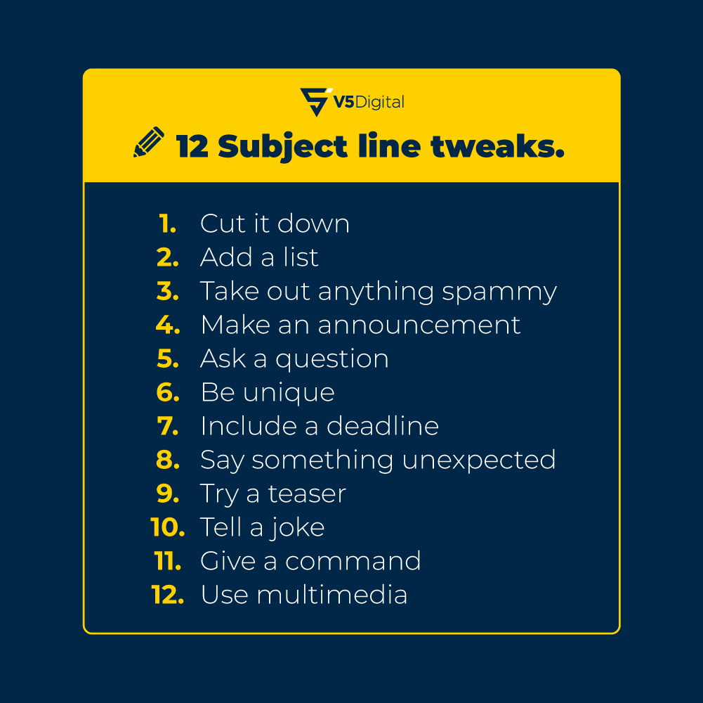 Need an inbox makeover? Here are 12 Quick Fixes for Standout Subject Lines! 💌

For a full email marketing makeover, contact us today 📈: v5.digital/contact-us

#V5Digital #EmailMarketing #SubjectLines #Tweaks #UpgradeYourEmails #DigitalMarketingNamibia