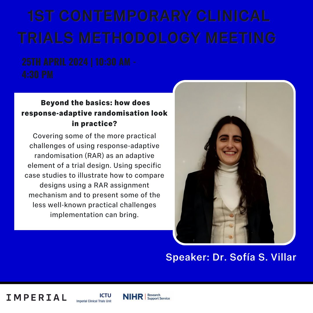 👉Don't miss out: sign-up closes tomorrow for our contemporary clinical trials methodology meeting! The meeting, on 25th April, features talks & discussion from a variety of experts, including: @SofiaSVillar1 bit.ly/3UcQVX5