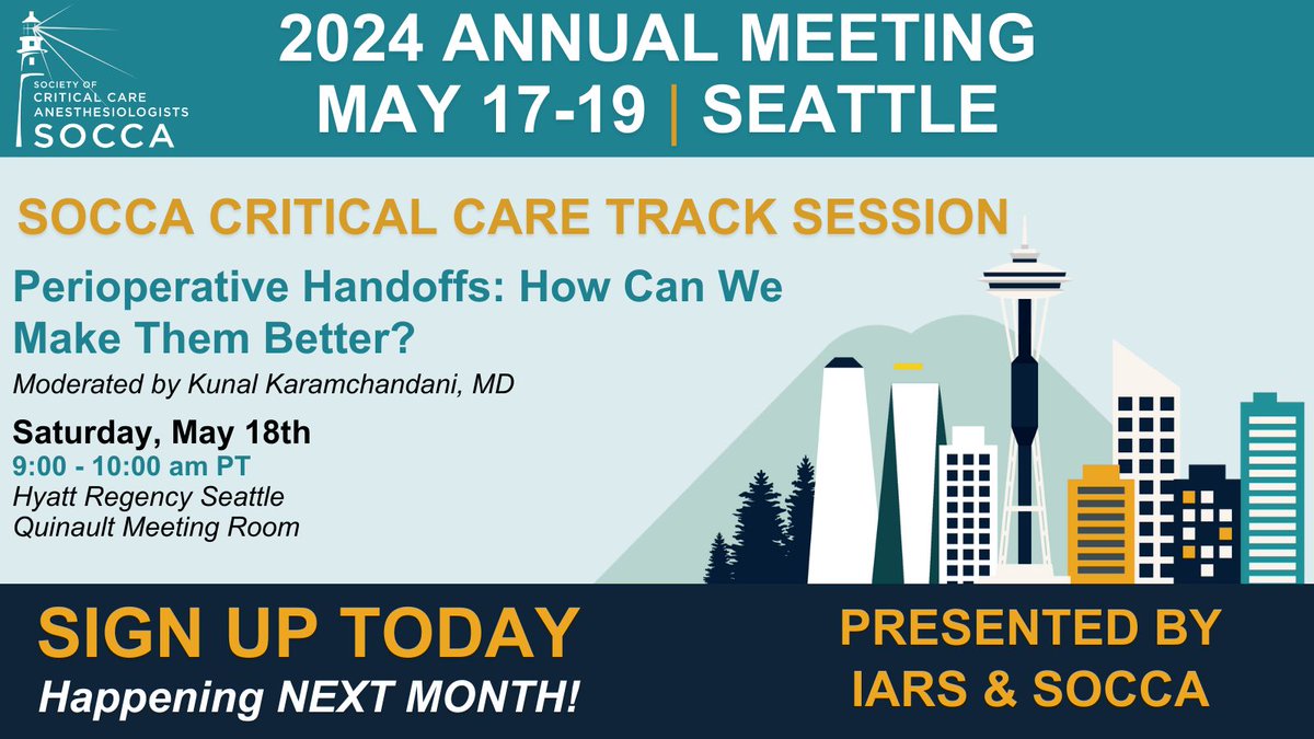 Don’t miss this SOCCA Critical Care Track Session: 'Perioperative Handoffs: How Can We Make Them Better?' Sat, May 18th, 9:00am-10:00am PT. Register today: buff.ly/3TWcRW3