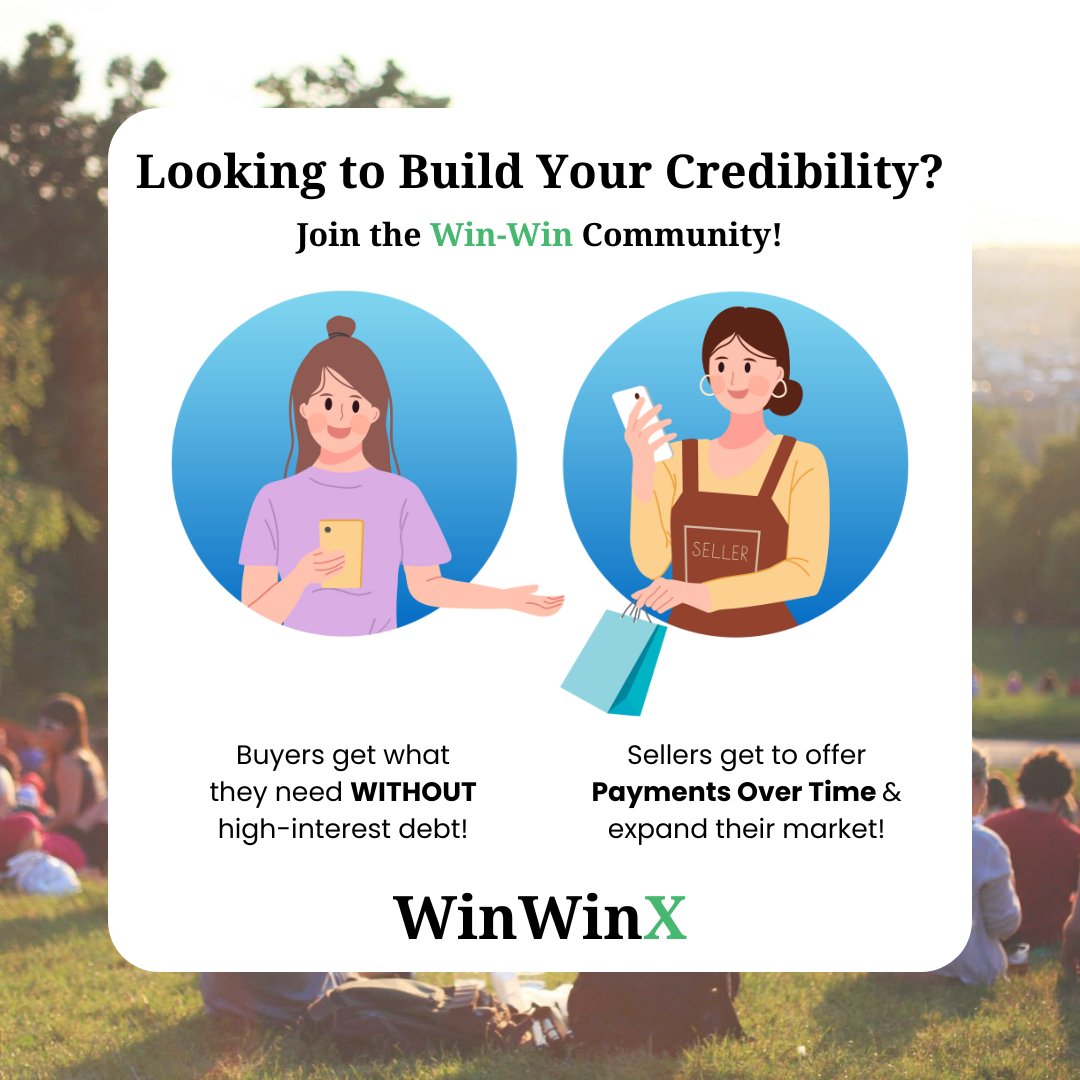 Build your #Credibility TODAY by joining the #WinWinCommunity where #Buyers & #Sellers work together to build a better #FinancialFuture! #BuyNowPayLater 🤝🏻 #OnlineSellers to create a #WIN! 🏆
-
-
#WinWinX #BNPL #JoinToday #OnlineMarketplace #OnlineShopping #BuildingTrust
