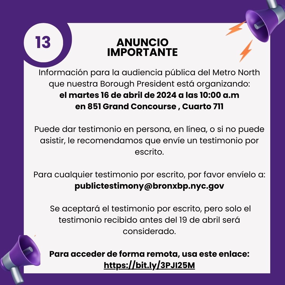 Our office is at the Borough President’s Metro-North hearing! There is still time to have your voice heard in person, remotely, or via written testimony!
