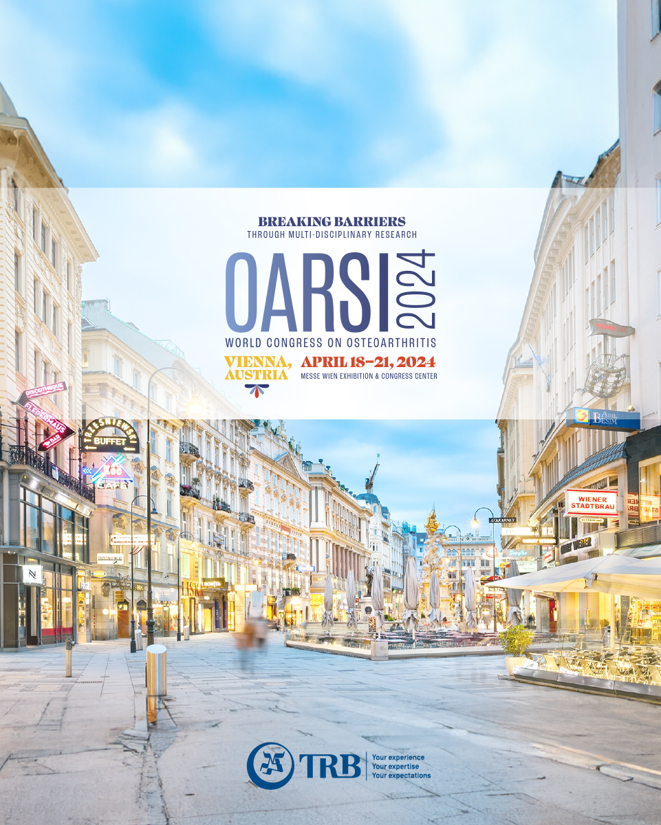 TRB_Intl's tweet photo. Come join us for the #OARSI2024 world congress on Osteoarthritis in Vienna at our booth n°3 from 18-21 April. We also invite you to our TRB organised theatre session on “New insights in viscosupplementation effects on cartilage properties improvement”. 
https://t.co/ijcQKkNKr3 https://t.co/fUJWyptWzY