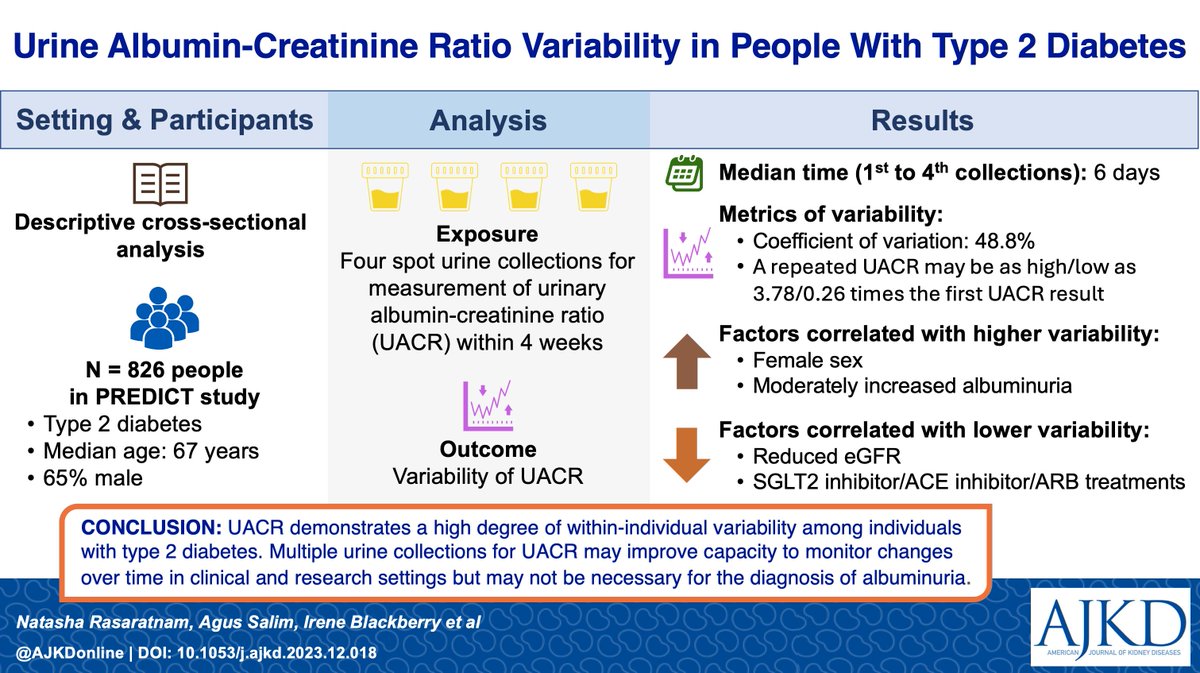 Urine Albumin-Creatinine Ratio Variability in People With Type 2 Diabetes: Clinical and Research Implications buff.ly/3TQJF1H @IreneBlackberry @DiannaMagliano @PetervanWijnga2 @BakerResearchAu #VisualAbstract
