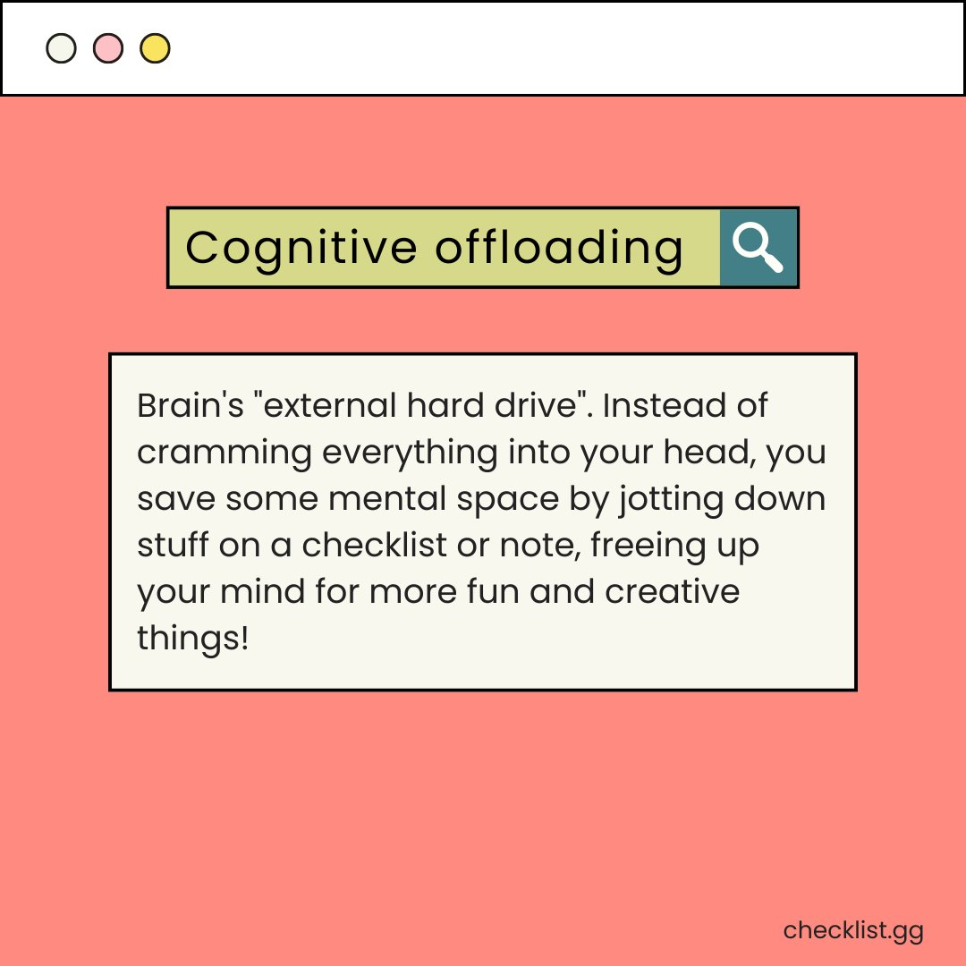 checklistgg's tweet photo. Unlock the meaning of "Cognitive offloading," often referred to as the brain's "external hard drive." This process involves using external tools and resources to store and manage information, reducing the cognitive load on our brains. https://t.co/PNL2v0pgrX
