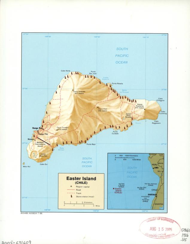 The locations of moai, Easter Island's large stone statues, are shown on this CIA map of the island. The statues were erected between the 13th and 16th centuries. Take a look here: loc.gov/resource/g9665…