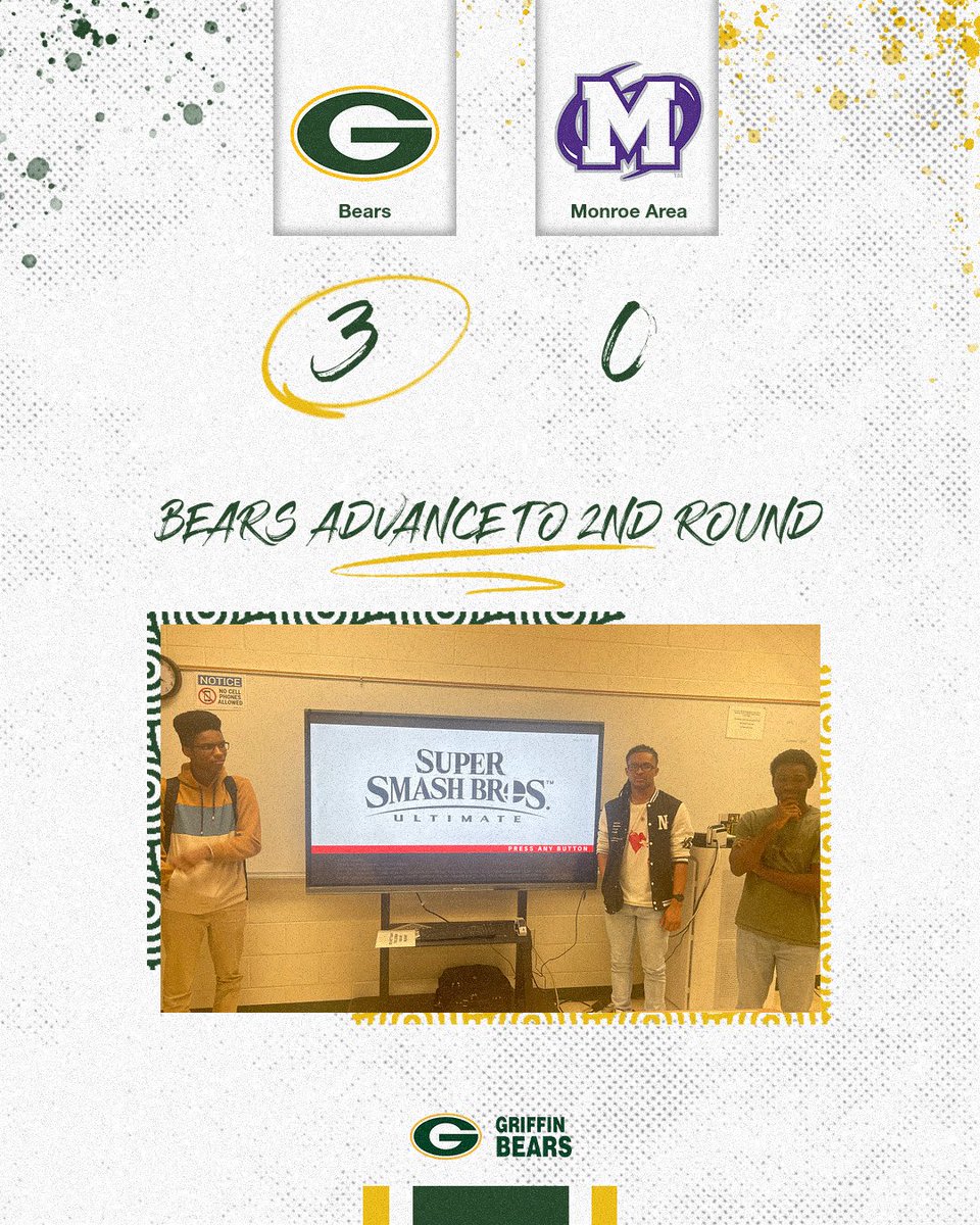 The @GriffinHS Smash Brothers team defeated Monroe Area 3-0 to advance to the 2nd Round of the @OfficialGHSA State ESports Tournament. They will face East Jackson on Wednesday. #WeAreGriffin #4TheG