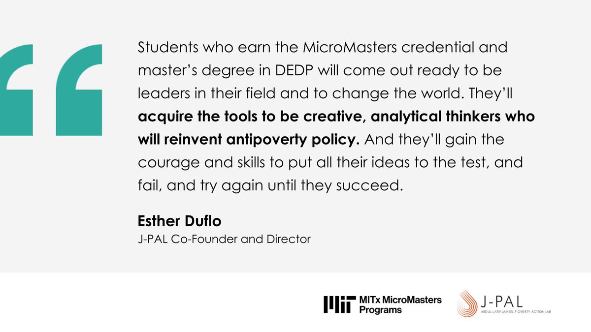 #DEDP MicroMasters courses can help you develop the skills needed to tackle the world’s most pressing problems, all from a data-driven perspective. 📆 Attend our webinar on April 30 to learn more: j-p.al/kd7 #EconTwitter