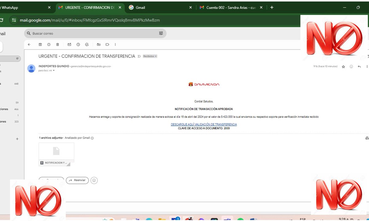 IndeportesQ's tweet photo. NO ABRAS ESTE CORREO ES UN VIRUS....delincuentes se están haciendo pasar por @IndeportesQ enviando un correo a nombre de la entidad con una consignación o deposito realizado por  el banco Davivienda https://t.co/ZoZr0NUP2J