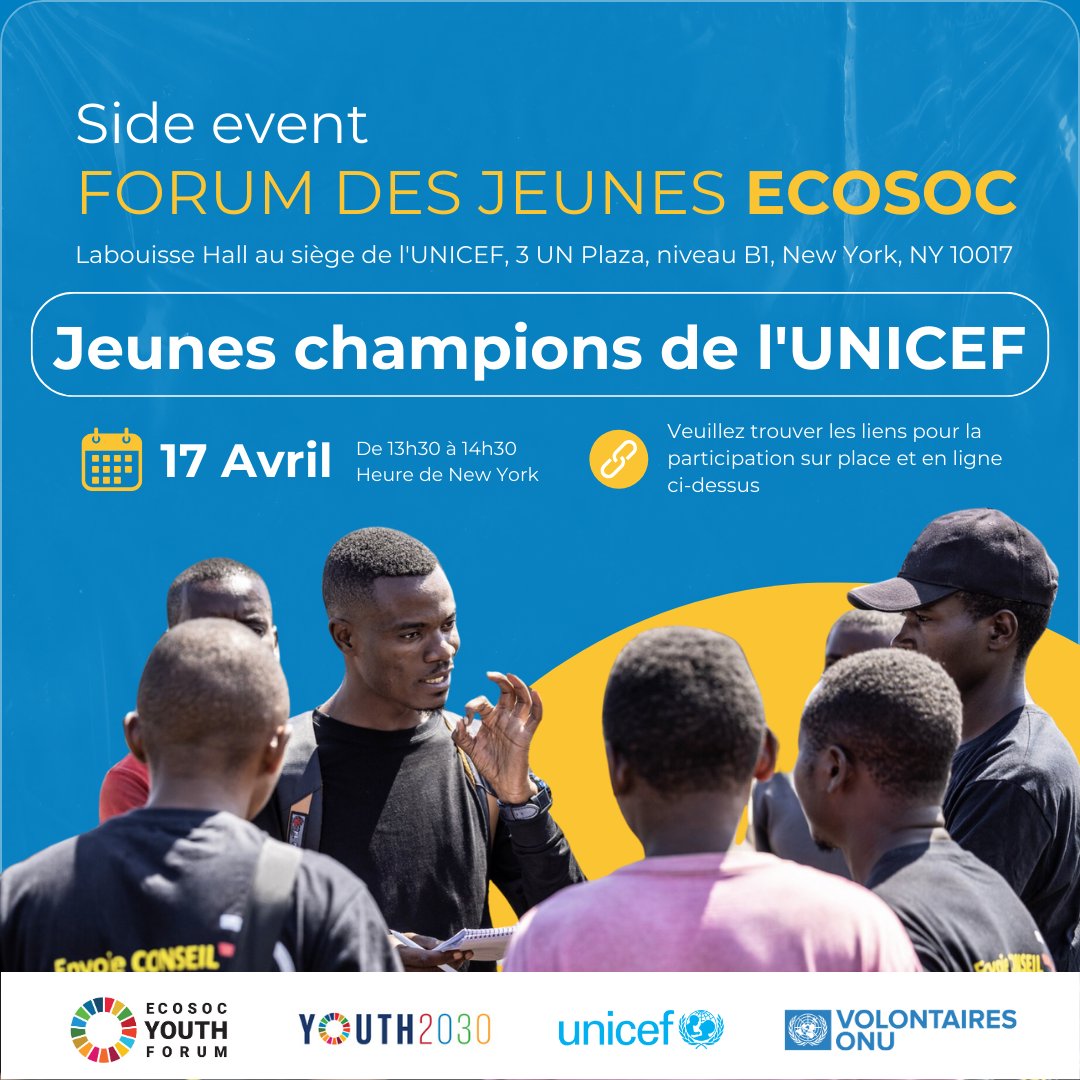 Rejoignez-nous avec @UNICEFDRC lors du Forum #ECOSOC #Youth2030 pour un Side Event prévu demain de ⏲️17H30 à 18H30, heure de Dakar. Sur place à NY, inscrivez-vous ici : bit.ly/3U2kmtB En ligne, inscrivez-vous ici : bit.ly/3vT3GfU