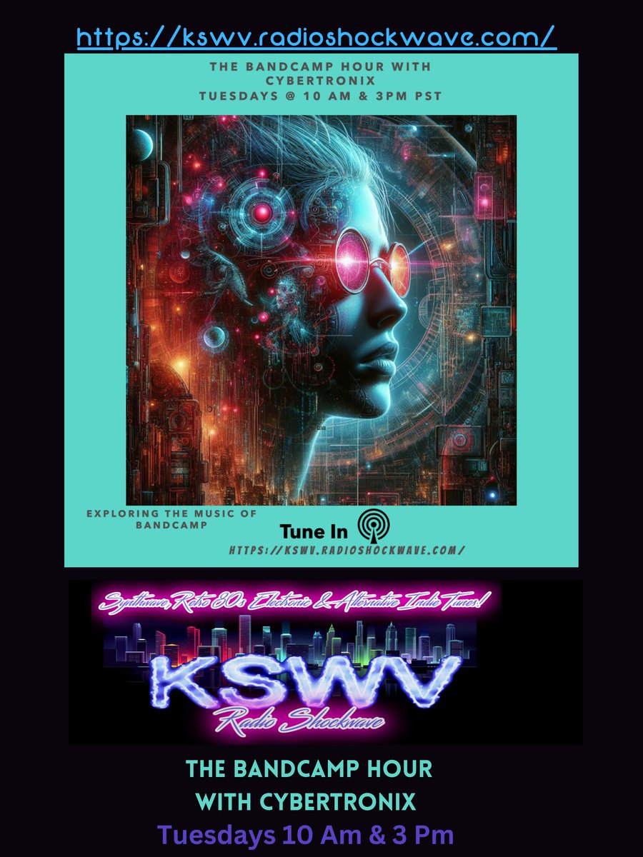 Join Us for Episode 11 of The Bandcamp Hour with Cybertronix at 12Pm PST and 3 Pm on kswv.radioshockwave.com @GeorgeGold79 @3FORCEofficial @SunglassesKid @heartbeat_hero @pashangaudio